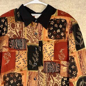 VTG Button Up Blouse Women’s 2X Patchwork Brown Print Cottagcore Coquette Girl